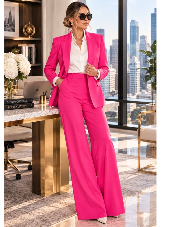 L'AGENCE Pants - L'AGENCE Chamberlain Blazer and Wide Leg Pant in Pink Glo Pink Woman’s Pantsuit